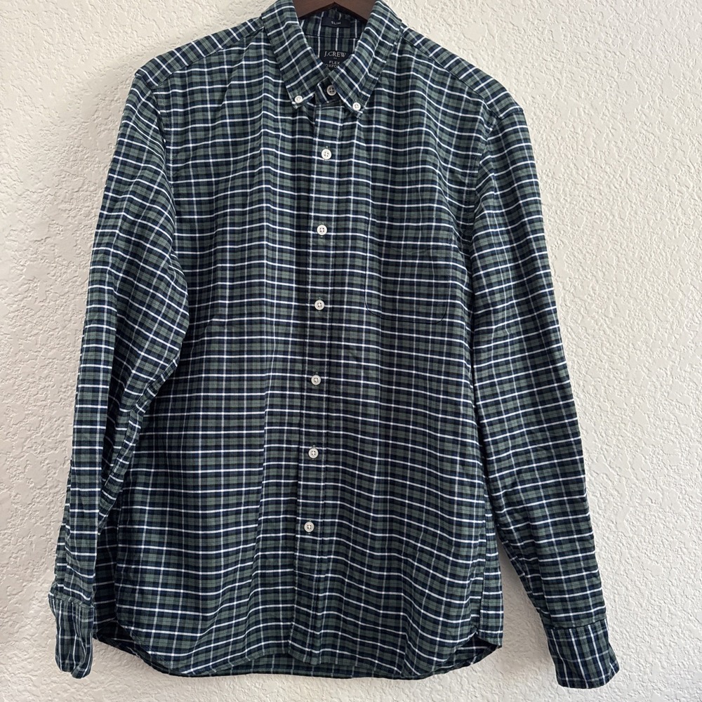 J. Crew Flex Oxford Men's Green Plaid Slim Fit Long Sleeve Shirt Preppy Size L